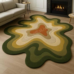 Green Amoeba Shape Wool Hand Tufted Rug, Irregular Rug, 6x9 Handmade Area Rugs for Kids Room, 8x10 Dining Area, Living Room Bedroom Hall Rug