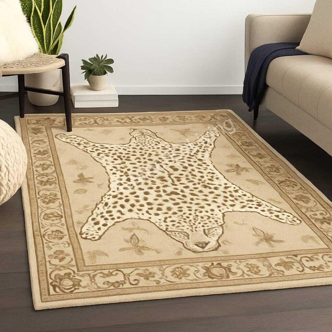 Neutral Leopard Print Hand Tufted Area Rug, 5x8 6x9 8x10 10x14, Safari ...