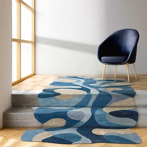 Abstract Wool Tufted Area Rug, Handmade Blue Wave Design | Irregular Shape Modern Carpet for Living Room, Bedroom, Custom Hallway Decor Rug
