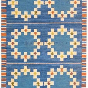 Hand Woven Wool Flatweave Rug – Blue Checkered Grid Design, Modern Boho Scandinavian Wool Carpet, Custom Large Area Rug