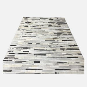 Hand Woven Leather Flatweave Rug: Natural Stripe Grid, Modern Boho
