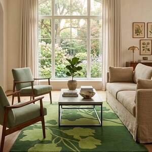Hand Tufted Green Botanical Rug l Modern Floral Area Rug l Two-Tone Leaf Pattern Rug l Nature Themed Carpet l Custom Handmade Rug.
