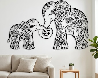 Floral Elephant Metal Sign, Mother Calf Wall Art, Flower Pattern Wall Decor, Elephant Family Metal Art, Boho Home Accent, Animal Lover Gift
