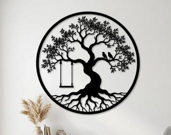 Tree Swing Metal Sign, Tree Of Life Wall Art, Bird Tree Wall Decor, Nature Metal Art, Rustic Home Decor, Family Room Decor, Bird Lover Gift