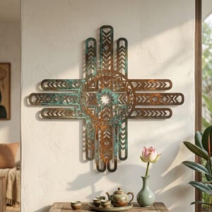 Puede incluir: Gran decoraci&oacute;n mural de metal en forma de cruz. El dise&ntilde;o presenta un elemento central circular con un patr&oacute;n de estrella, rodeado de brazos rectangulares alargados con cortes geom&eacute;tricos. El metal tiene un aspecto envejecido y r&uacute;stico con tonos marrones y verde azulado.