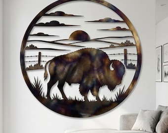 Bison Metal Sign, Prairie Sunset Wall Art, Western Ranch Wall Decor, Buffalo Nature Metal Art, Rustic Farmhouse Accent, Wildlife Lover Gift