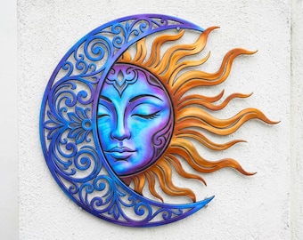 Metal Sun and Moon Wall Art, Celestial Face Wall Decor, Large Metal Wall Sculpture, Housewarming Gift, Outdoor Garden Decor,