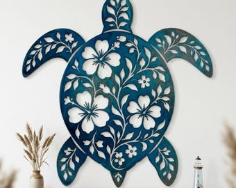 Floral Turtle Metal Sign, Coastal Turtle Wall Art, Hibiscus Flower Wall Decor, Ocean Animal Metal Art, Beach House Accent, Turtle Lover Gift