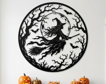 Halloween Witch Metal Sign, Flying Witch Wall Art, Full Moon Wall Decor, Spooky Metal Art, Haunted Decor, Gothic Home Decor, Halloween Gift