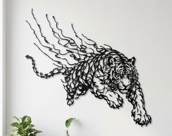 Metallschild „Tigerflamme“, Tiger-Wandbild, Wanddeko „Wilder Tiger“, Metallkunst mit Tigermotiv, Moderne Wohndekoration