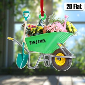 Gepersonaliseerde tuinkerskerstversieringen, ornament tuinuniform gereedschap, tuinmanornament, tuinwagen kruiwagenplantornament