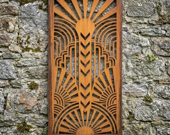 Rusted Metal Garden Screen, Art Deco Sunburst Panel, Rusty Metal Wall Hanging, Modern Geometric Yard Art