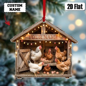 Personalisierte Hühnerstall-Weihnachtsverzierung, flaches Huhn-hängendes Dekor, rustikale Bauernhaus-Weihnachtsgeschenk für Landwirt, Geschenk der Hühner-Liebhaber