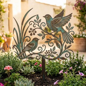 May include: A decorative metal garden stake featuring two birds perched on a leafy branch. The birds and foliage have a distressed, verdigris finish, adding a rustic charm. The stake is designed to be placed in a garden or flower bed.