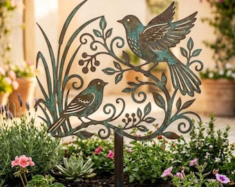Patina Birds Garden Stake, Housewarming Gift, Verdigris Metal Art, Songbird Yard Ornament, Whimsical Lawn Decoration, Nature Gift