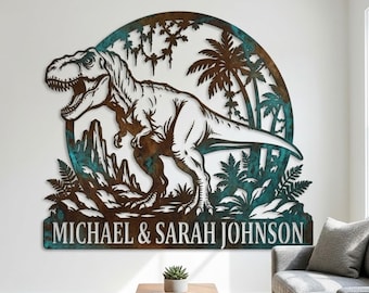 Individuelles Dino-Metallschild, Dinosaurier-Wandbild, Antike Wanddekoration, Dino-Metallkunst, Familiennamen-Dekoration, Kinderzimmerdekoration, Wandbild für Dinosaurier-Fans
