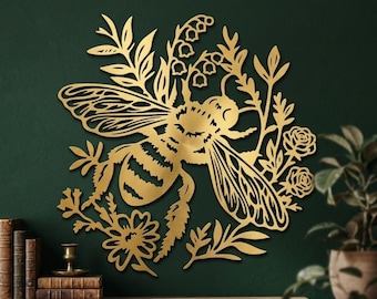 Honey Bee and Wildflower Metal Sign, Metal Wall Decor, Botanical Bee Art, Unique Housewarming Gift
