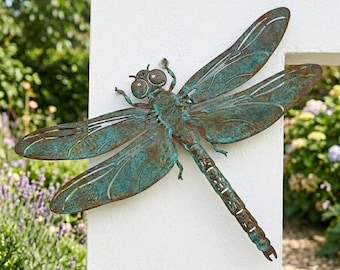 Patina Dragonfly Metal Wall Art, Housewarming Gift, Verdigris Insect Decor, Rusted Metal Yard Sign, Outdoor Garden Sculpture