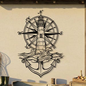 May include: Black metal wall art featuring a lighthouse, compass rose, anchor, and waves. The lighthouse is centered, with the compass rose behind it. The anchor is at the bottom, and waves surround the lighthouse. The design is suitable for nautical-themed decor.