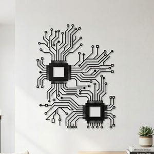 May include: A black wall-mounted metal art piece featuring a circuit board design with two central square processor chips connected by intricate, branching lines and nodes that extend outward in a complex, interconnected electronic pattern.
