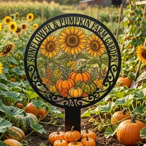Puede incluir: Letrero de jardín de metal negro con el texto "SUNFLOWER & PUMPKIN FARM GARDEN" que rodea un diseño de girasoles y calabazas. El letrero está en un jardín con calabazas y girasoles.