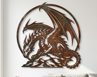 Fantasy Dragon Metal Sign, Medieval Wall Art, Mythical Creature Wall Decor, Rustic Metal Art, Gamer Room Gift, Gothic Castle Home Accent