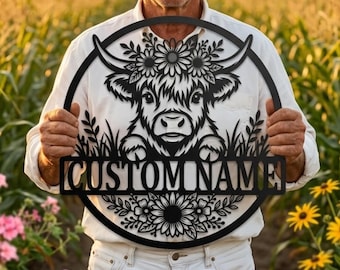 Personalized Highland Cow Metal Wall Art, Custom Name Cow Metal Sign, Farmhouse Decor, Highland Cow Gift