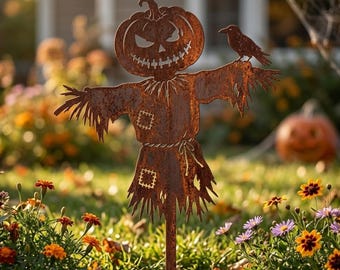 Pumpkin Scarecrow Metal Sign, Halloween Garden Art, Fall Garden Decor, Garden Stakes, Crow Yard Decor, Autumn Outdoor Decor, Spooky Gift