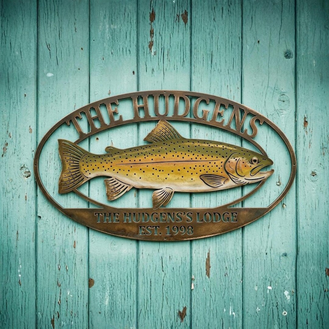Personalized Fish Metal Sign, Custom Lake House Decor, Trout Fishing ...