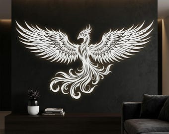 Weiße Phoenix Metallwandkunst, großes mythisches Vogeldekor, Housewarminggeschenk, aufgehende Phoenix-Wandbehang