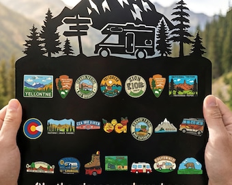 Travel Magnet Board with Mountain RV Design, Large Metal Display Board for Travel Magnets, Custom Travel Keepsake, Adventure Wall Decor