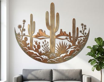 Metallschild mit Wüstenkaktus, Wandbild mit Kaktusmotiv, Wüsten-Wanddeko, Metallkunst mit Kaktusmotiv, Western-Wohndeko
