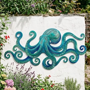 May include: A teal metal octopus wall sculpture with intricate details, mounted on a white wall. The sculpture features swirling tentacles and a detailed head, adding a touch of marine life to outdoor decor.