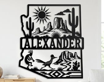 Custom Arizona Metal Wall Art, Arizona Desert Scene Metal Sign, Cactus Home Wall Decor