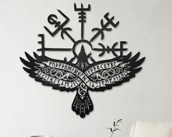 Wikinger Vegvisir Metall Wandkunst, Nordischer Rabe Wanddekor, Einweihungsparty Geschenk, Pagan Kompass Wandbehang