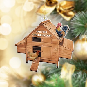 Personalisierte Name Bauernhaus Huhn Ornament, Weihnachtsbaum Hängen Dekor, Huhn Weihnachten Ornament Geschenk, Wohnung 2D Ornament Acryl aus Holz