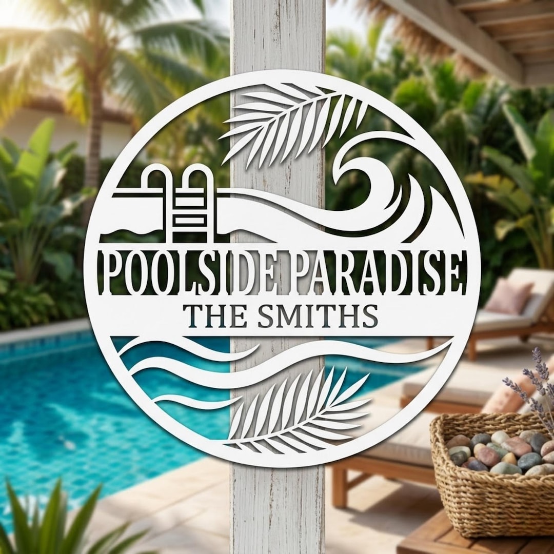 Personalized Poolside Paradise Metal Sign, Custom Family Name Pool ...