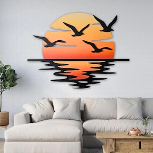 Colorful Sunset Seagull Sparkle Metal Wall Decor, Ocean Sunrise Sign, Sun Metal Sign, Housewarming Gift