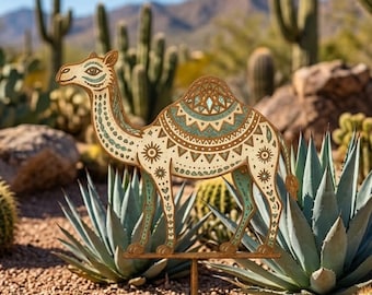 Desert Camel Metal Garden Stake, Boho Yard Decor, Southwest Garden Decor, Tribal Camel Metal Sign, Cactus Patio Gift, Patio Gift, Boho Gift