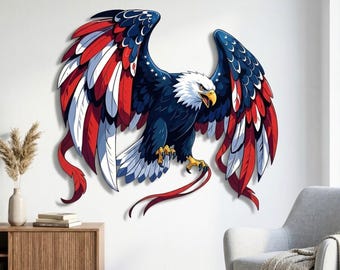 Amerikanische Flagge Weißkopfseeadler Metall Wandkunst, USA Dekoration, Housewarminggeschenk, Fourth of Jully Wandschild, 4.Juli Geschenk