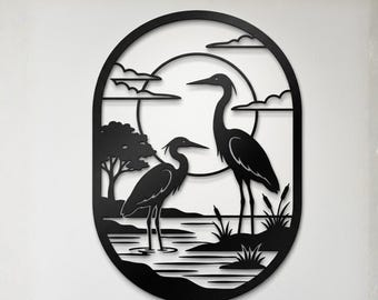 Reiher Metallwandkunst, Kranvogel-Wanddekor Housewarminggeschenk, Küstensee-Haus-Wandbehang