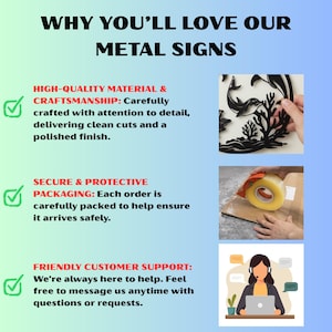 Puede incluir: Imagen promocional de letreros met&aacute;licos, con el texto: "POR QU&Eacute; TE ENCANTAR&Aacute;N NUESTROS LETREROS MET&Aacute;LICOS". Destaca materiales de alta calidad, artesan&iacute;a, embalaje seguro y atenci&oacute;n al cliente. Incluye im&aacute;genes de un letrero met&aacute;lico, embalaje y servicio al cliente.