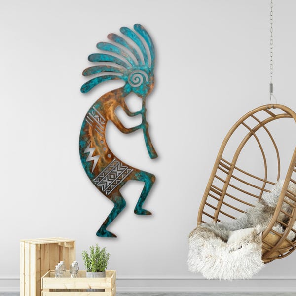 Kokopelli Metal Wall Art, Southwestern Native American Decor, Turquoise Patina Wall Hanging, Tribal Rustic Home Decor, Boho Desert Accent