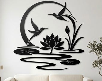 Hummingbird Lotus Metal Sign, Bird Flower Wall Art, Water Lily Wall Decor, Zen Nature Metal Art, Nature Home Accent, Hummingbird Lover Gift