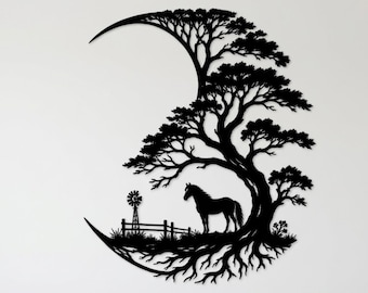 Horse Metal Sign, Moon Tree Wall Decor, Western Farm Art, Tree Horse Windmill Design, Country Home Decor, Farmhouse Gift, Ranch Wall Art