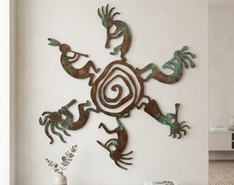 Kokopelli Metall Wand Kunst, Patina Dekor, Stammes Spirale Sonne Wandbehang, Housewarming Geschenk
