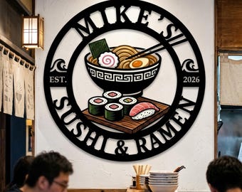 Metallschild „Sushi Ramen“, Sushi-Wandbild, Ramen-Wanddeko, Metallbild für japanische Lebensmittel, Wanddeko für Esszimmer, Deko für Nudelrestaurants, Wandbild für Sushi-Bars