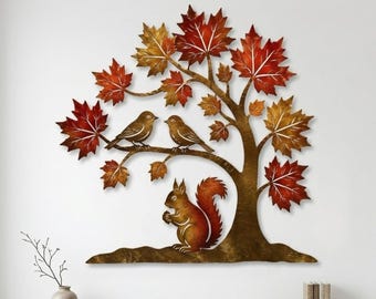 Autumn Tree Metal Sign, Maple Leaves Wall Art, Squirrel Bird Wall Decor, Nature Metal Art, Fall Forest Home Accent, Rustic Wildlife Gift