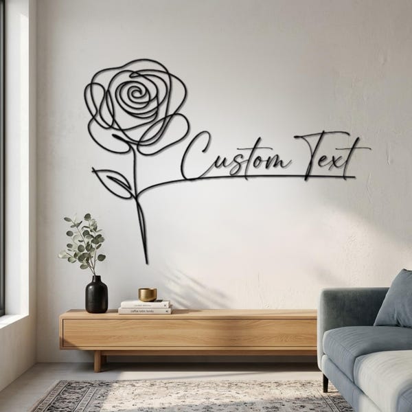 Personalized Rose Metal Wall Art, Minimalist Floral Decor, Custom Text Name Sign, Anniversary Gift