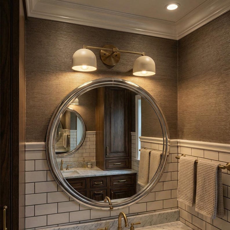 May include: A bathroom with a large, round mirror with a silver frame. Above the mirror is a two-light fixture with white shades and a brass finish. The walls are a textured brown, and the lower walls are white subway tile.